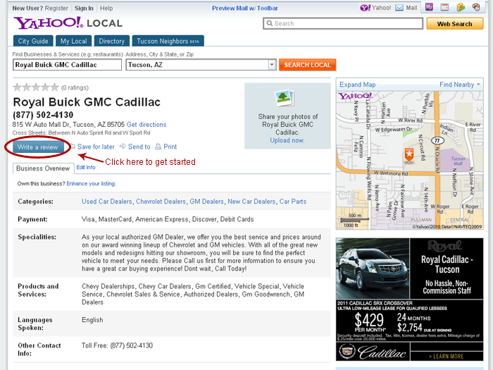 yahoo review tutorial for royal automotive group, step 1