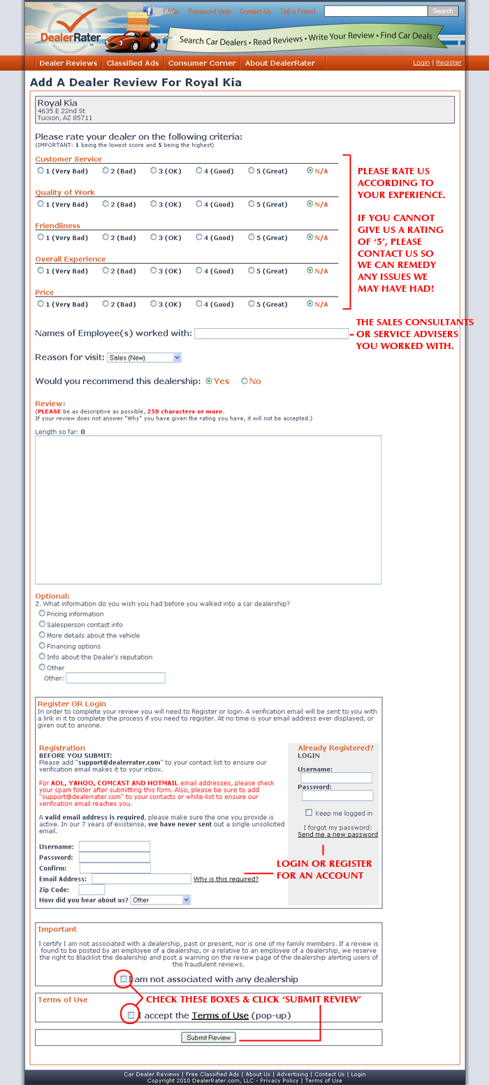 dealerrater review for royal automotive group, step 2